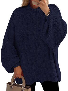 Women Navy Cozy Oversized Mock Neck Drop Shoulder Chunky Knit Slouchy Sweater